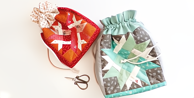 Quilted Treasure Drawstring Bag and Double Woven Star Block Pattern
